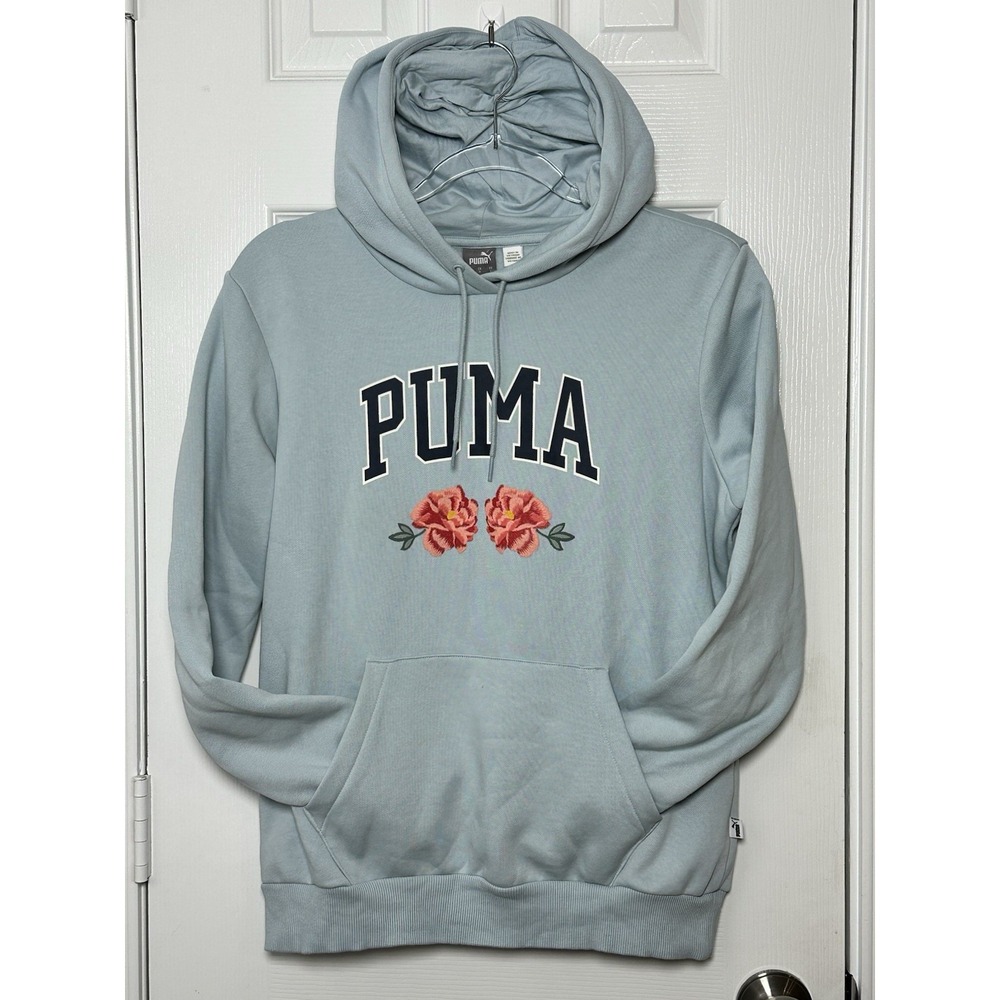 PUMA Faux Embroidered Floral Hoodie Fleece Pullover Blue Women's Size Large